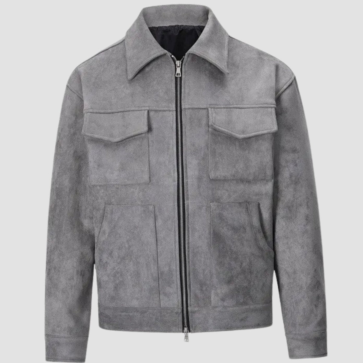 Rugged Faux Suede Trucker Jacket for Men with Point Collar Long Sleeve Zip Front Multi-Pocket Style