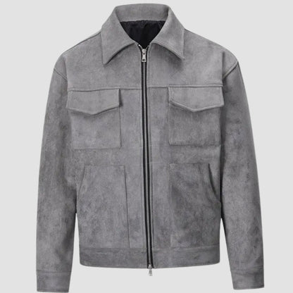 Rugged Faux Suede Trucker Jacket for Men with Point Collar Long Sleeve Zip Front Multi-Pocket Style