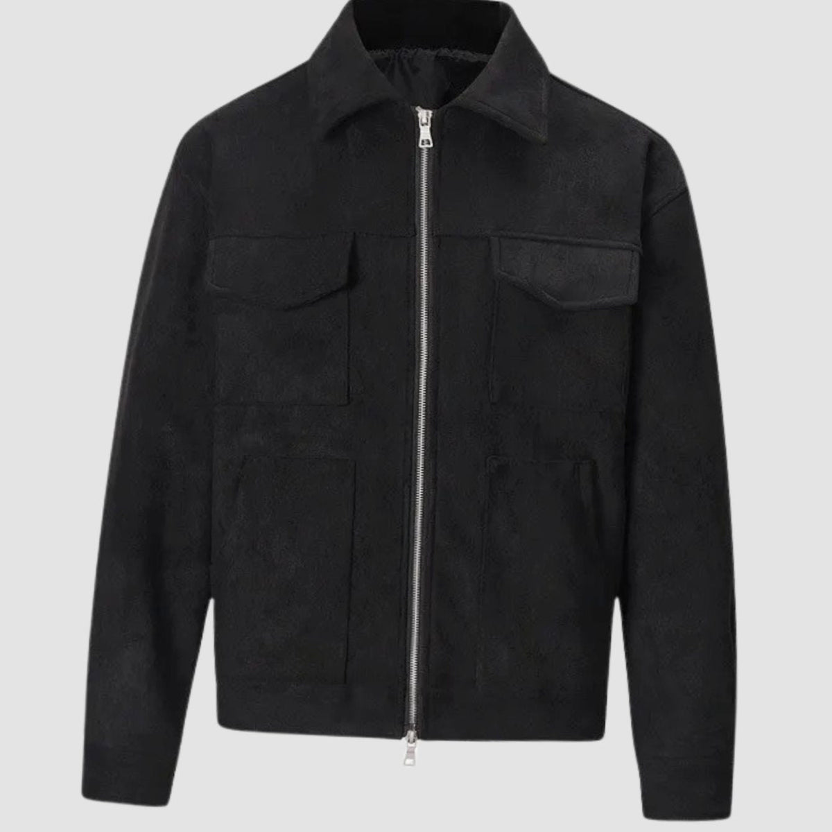 Rugged Faux Suede Trucker Jacket for Men with Point Collar Long Sleeve Zip Front Multi-Pocket Style