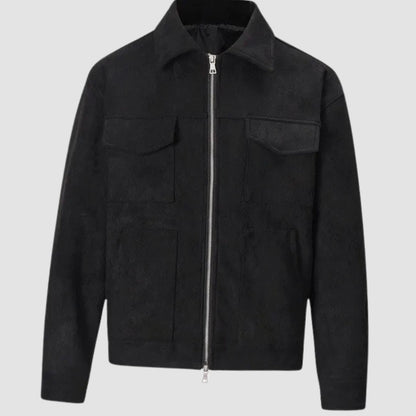 Rugged Faux Suede Trucker Jacket for Men with Point Collar Long Sleeve Zip Front Multi-Pocket Style