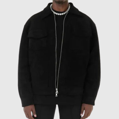 Rugged Faux Suede Trucker Jacket for Men with Point Collar Long Sleeve Zip Front Multi-Pocket Style
