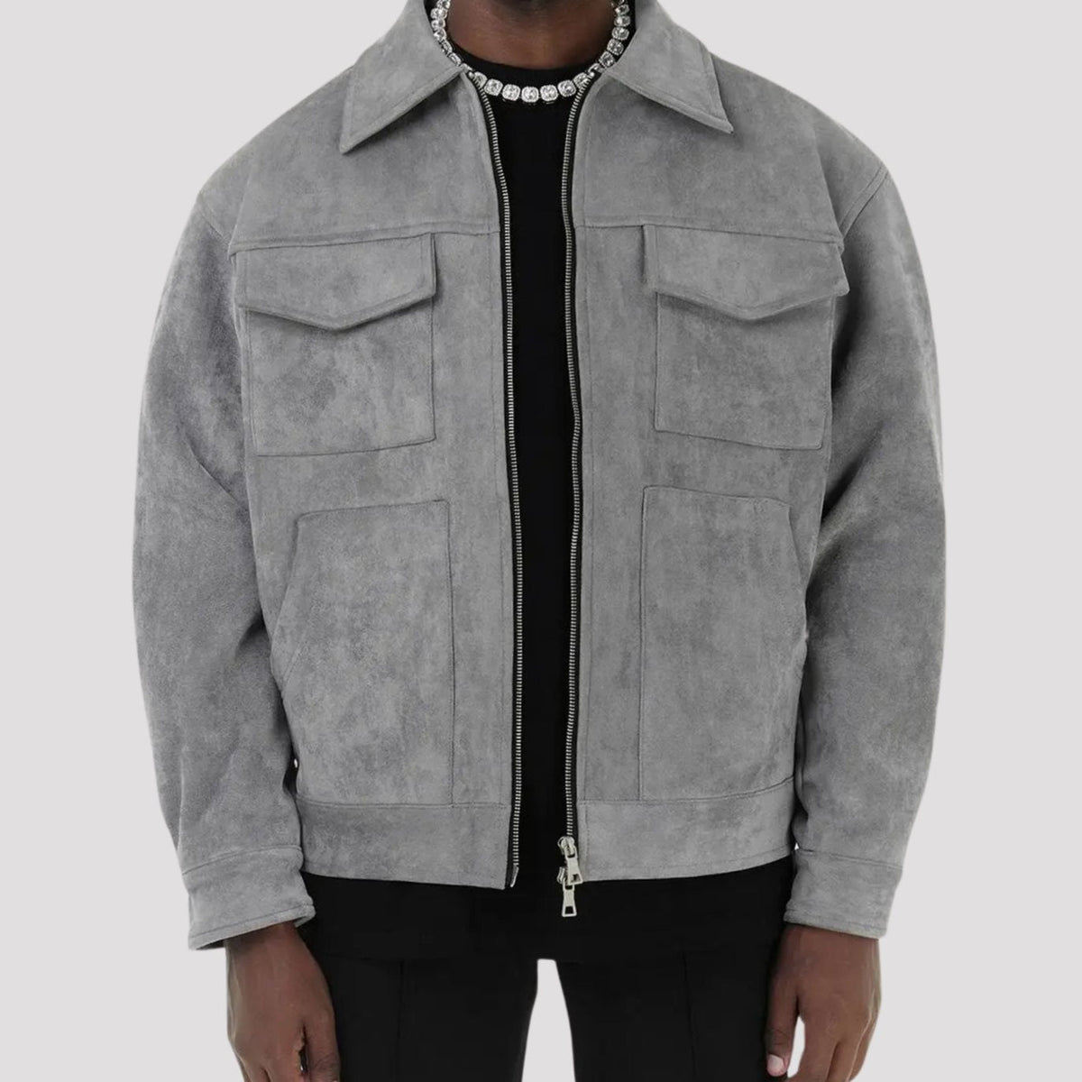 Rugged Faux Suede Trucker Jacket for Men with Point Collar Long Sleeve Zip Front Multi-Pocket Style