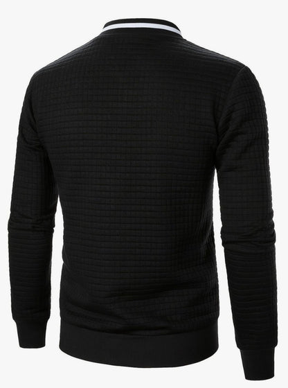 Cozy Textured Grid Bomber Jacket for Men with Stand Collar Long Sleeve Zip Front Ribbed Hem Style
