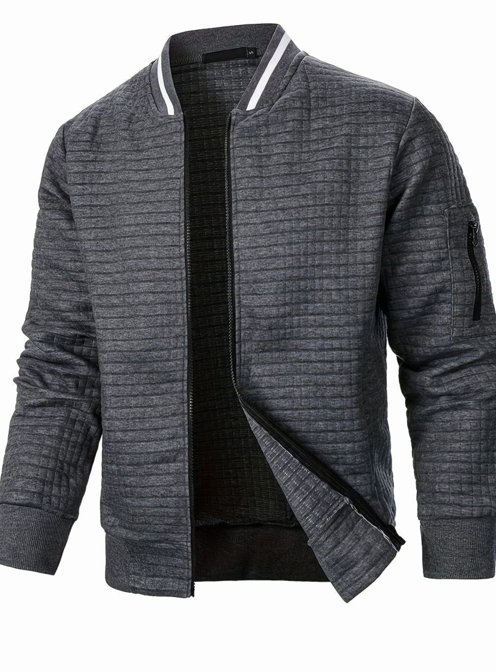 Cozy Textured Grid Bomber Jacket for Men with Stand Collar Long Sleeve Zip Front Ribbed Hem Style