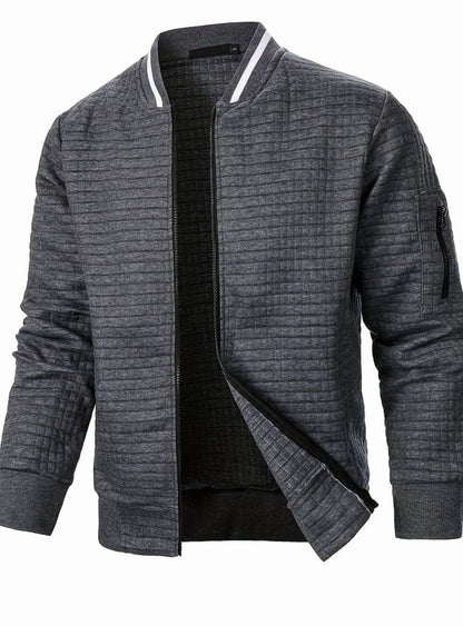 Cozy Textured Grid Bomber Jacket for Men with Stand Collar Long Sleeve Zip Front Ribbed Hem Style