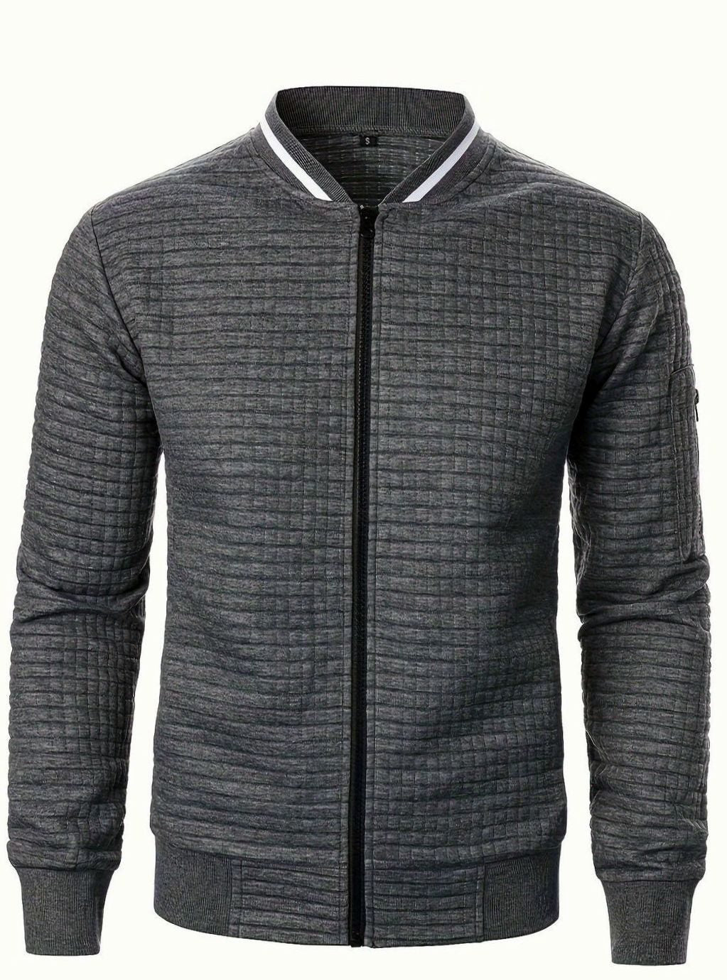 Cozy Textured Grid Bomber Jacket for Men with Stand Collar Long Sleeve Zip Front Ribbed Hem Style