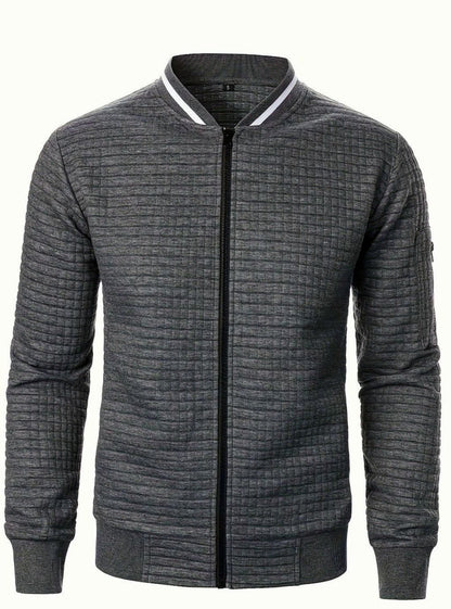 Cozy Textured Grid Bomber Jacket for Men with Stand Collar Long Sleeve Zip Front Ribbed Hem Style