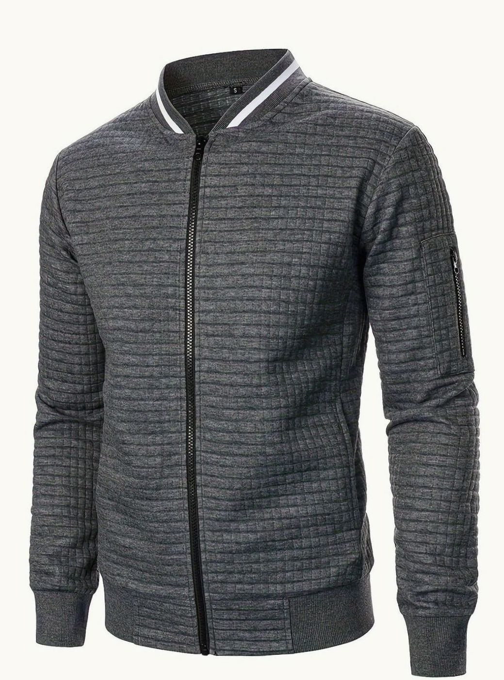 Cozy Textured Grid Bomber Jacket for Men with Stand Collar Long Sleeve Zip Front Ribbed Hem Style
