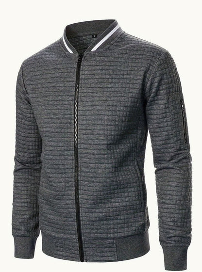 Cozy Textured Grid Bomber Jacket for Men with Stand Collar Long Sleeve Zip Front Ribbed Hem Style