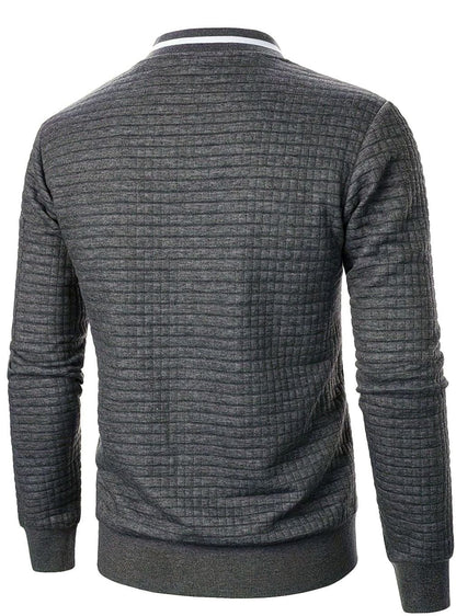 Cozy Textured Grid Bomber Jacket for Men with Stand Collar Long Sleeve Zip Front Ribbed Hem Style