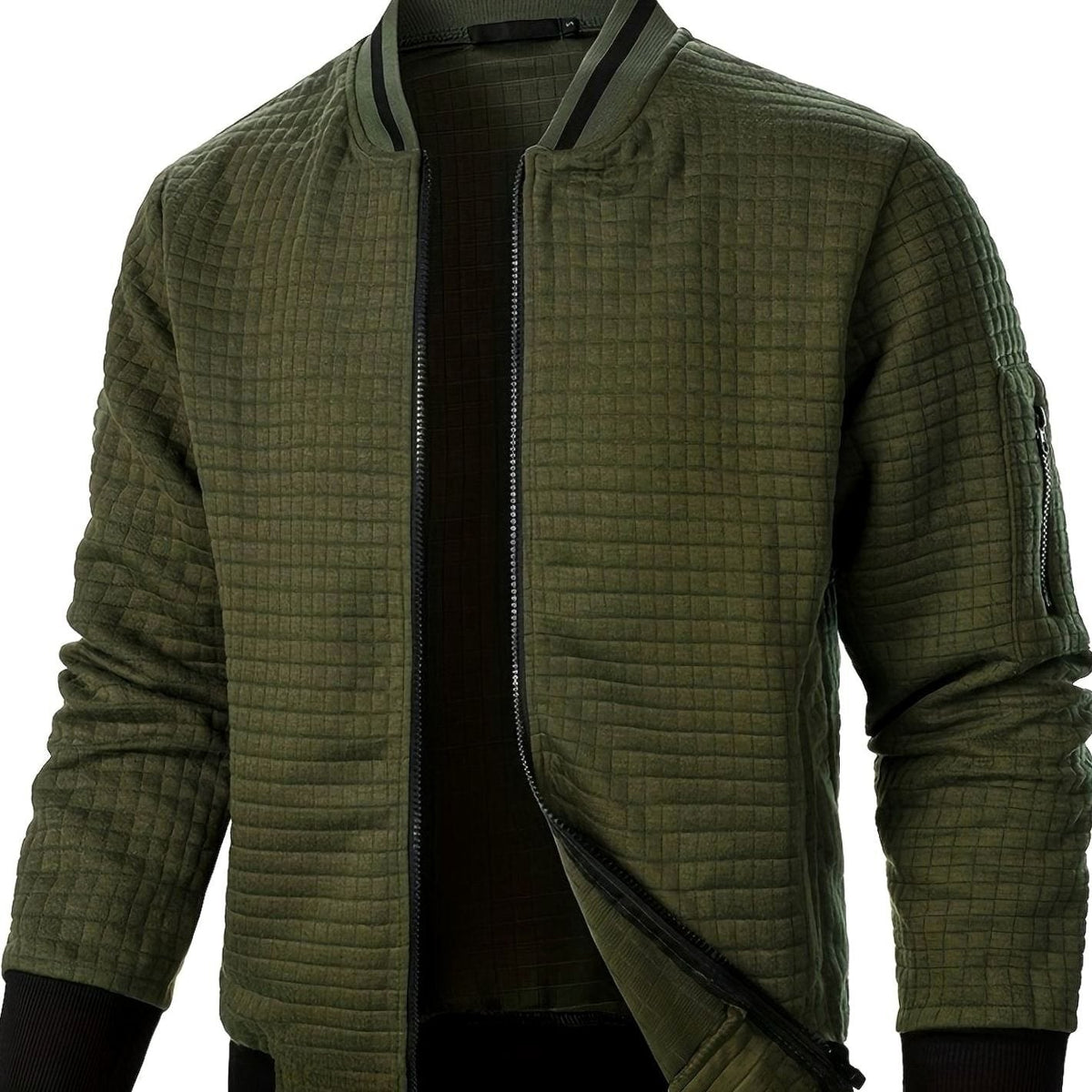 Cozy Textured Grid Bomber Jacket for Men with Stand Collar Long Sleeve Zip Front Ribbed Hem Style