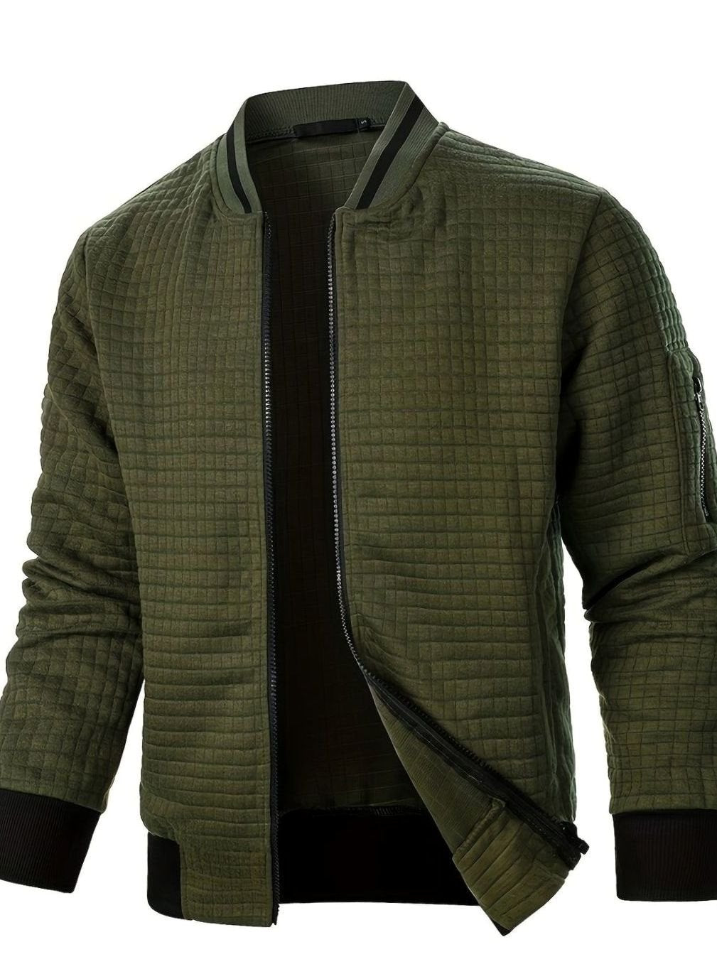 Cozy Textured Grid Bomber Jacket for Men with Stand Collar Long Sleeve Zip Front Ribbed Hem Style