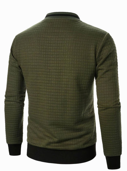 Cozy Textured Grid Bomber Jacket for Men with Stand Collar Long Sleeve Zip Front Ribbed Hem Style