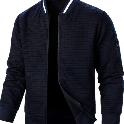 Cozy Textured Grid Bomber Jacket for Men with Stand Collar Long Sleeve Zip Front Ribbed Hem Style