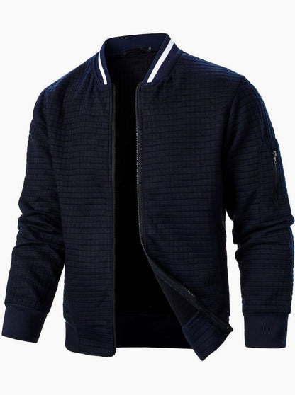 Cozy Textured Grid Bomber Jacket for Men with Stand Collar Long Sleeve Zip Front Ribbed Hem Style