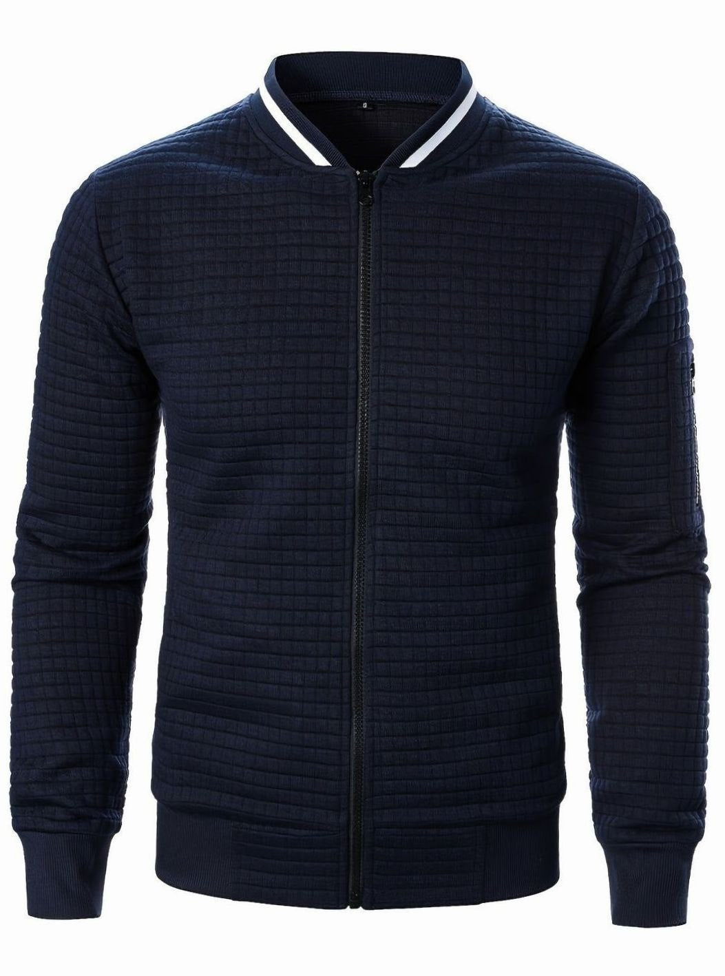 Cozy Textured Grid Bomber Jacket for Men with Stand Collar Long Sleeve Zip Front Ribbed Hem Style