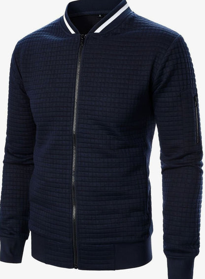 Cozy Textured Grid Bomber Jacket for Men with Stand Collar Long Sleeve Zip Front Ribbed Hem Style