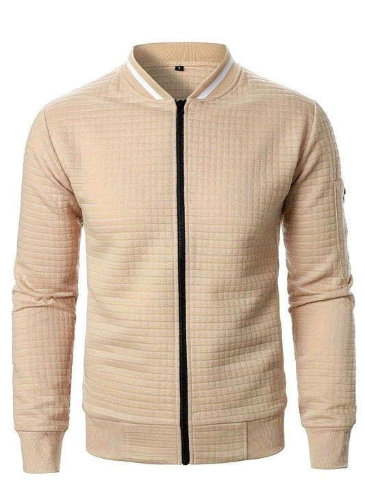 Cozy Textured Grid Bomber Jacket for Men with Stand Collar Long Sleeve Zip Front Ribbed Hem Style