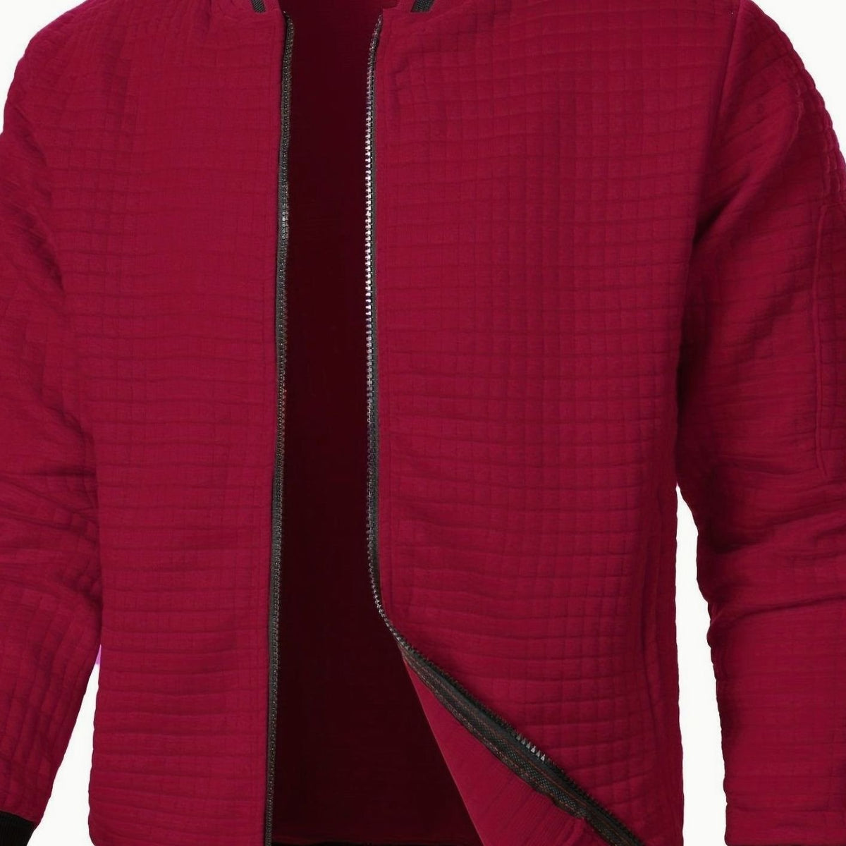 Cozy Textured Grid Bomber Jacket for Men with Stand Collar Long Sleeve Zip Front Ribbed Hem Style