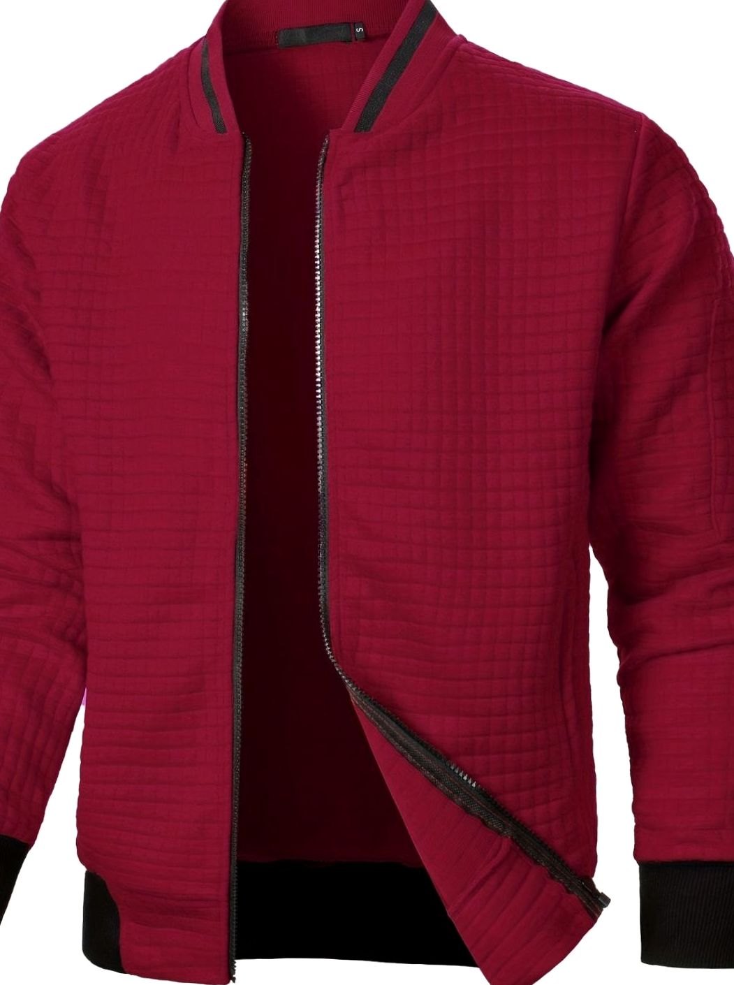 Cozy Textured Grid Bomber Jacket for Men with Stand Collar Long Sleeve Zip Front Ribbed Hem Style