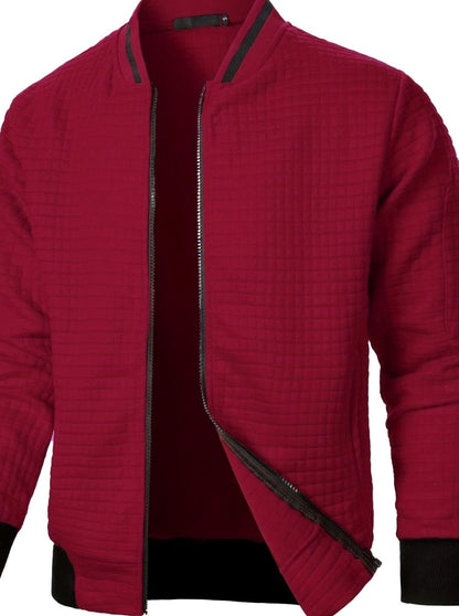 Cozy Textured Grid Bomber Jacket for Men with Stand Collar Long Sleeve Zip Front Ribbed Hem Style