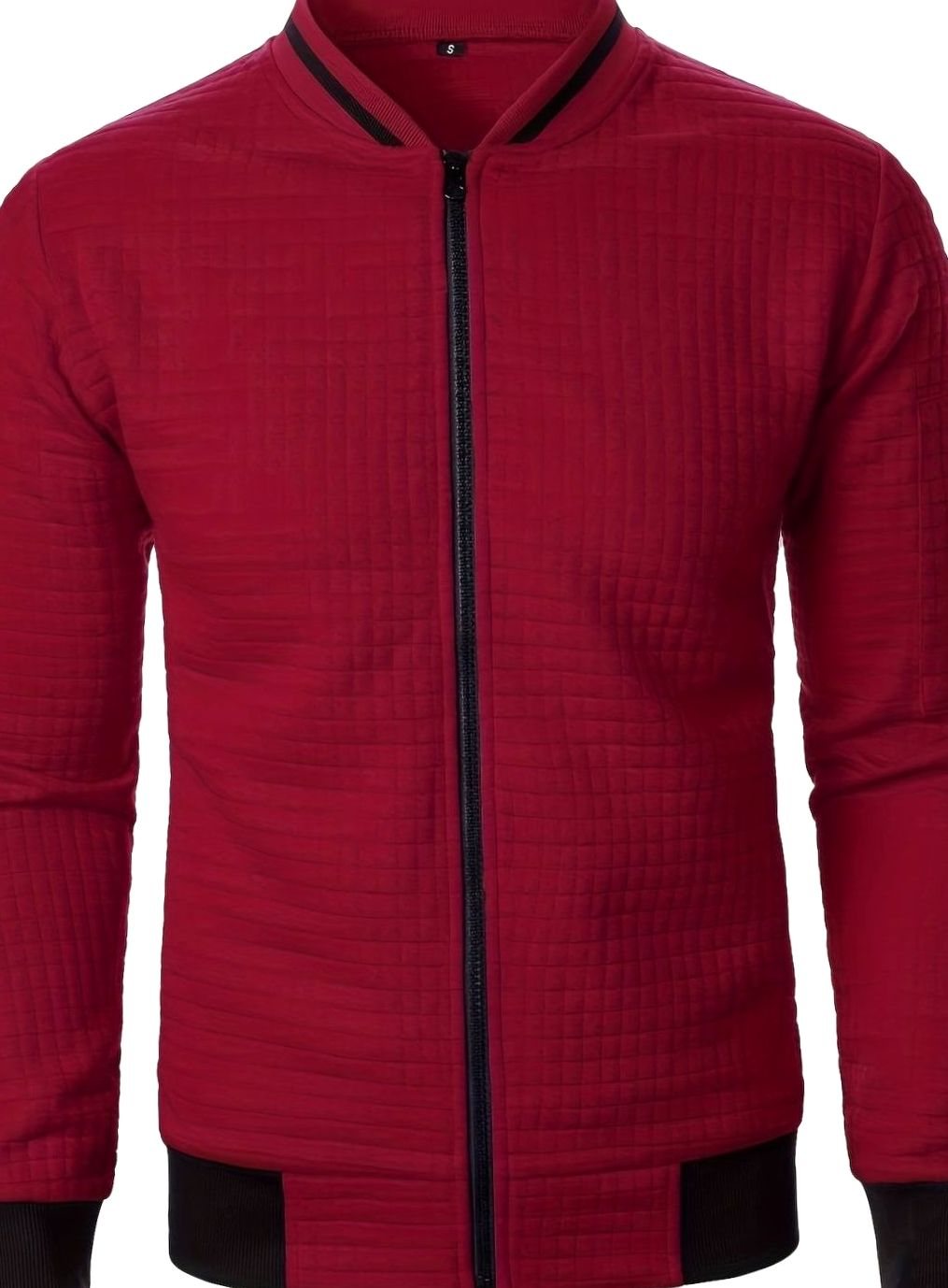 Cozy Textured Grid Bomber Jacket for Men with Stand Collar Long Sleeve Zip Front Ribbed Hem Style