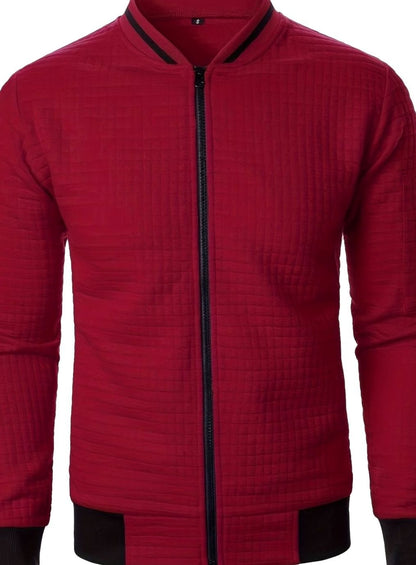 Cozy Textured Grid Bomber Jacket for Men with Stand Collar Long Sleeve Zip Front Ribbed Hem Style