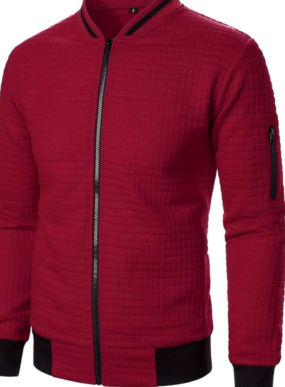 Cozy Textured Grid Bomber Jacket for Men with Stand Collar Long Sleeve Zip Front Ribbed Hem Style