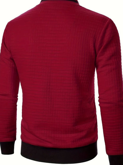 Cozy Textured Grid Bomber Jacket for Men with Stand Collar Long Sleeve Zip Front Ribbed Hem Style