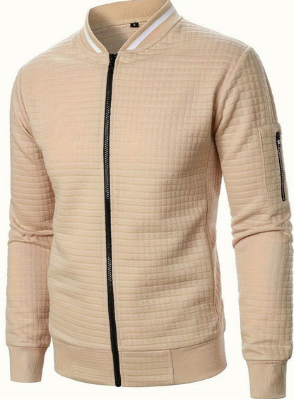 Cozy Textured Grid Bomber Jacket for Men with Stand Collar Long Sleeve Zip Front Ribbed Hem Style