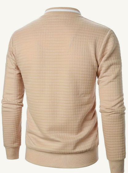 Cozy Textured Grid Bomber Jacket for Men with Stand Collar Long Sleeve Zip Front Ribbed Hem Style