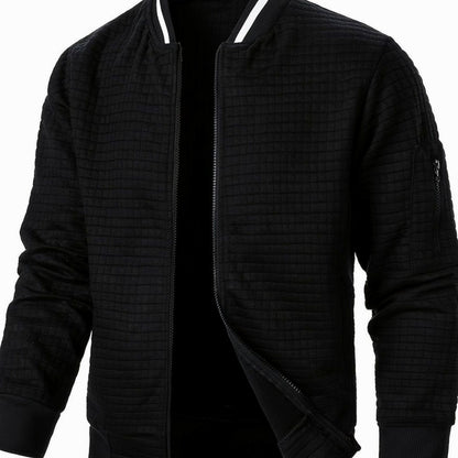Cozy Textured Grid Bomber Jacket for Men with Stand Collar Long Sleeve Zip Front Ribbed Hem Style