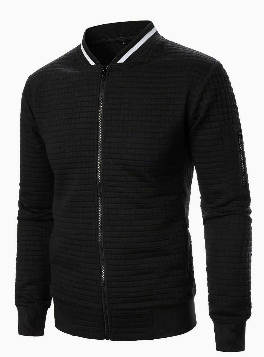 Cozy Textured Grid Bomber Jacket for Men with Stand Collar Long Sleeve Zip Front Ribbed Hem Style