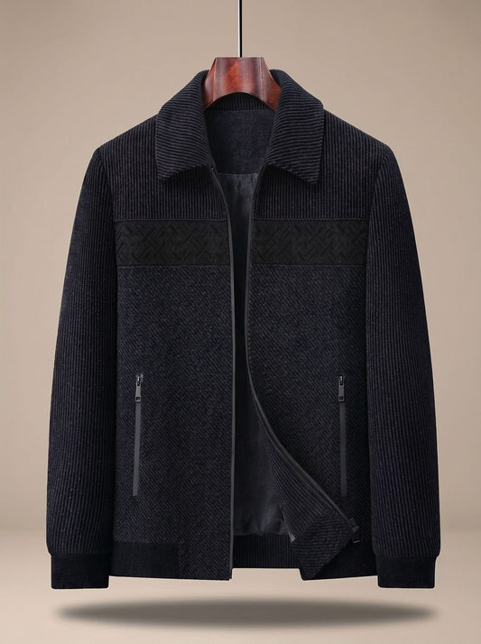 Cozy Corduroy Harrington Jacket for Men with Point Collar Long Sleeve Zip Front Ribbed Hem Style