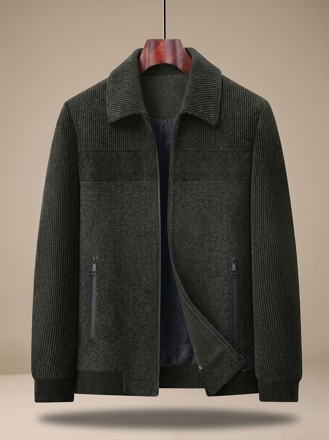 Cozy Corduroy Harrington Jacket for Men with Point Collar Long Sleeve Zip Front Ribbed Hem Style