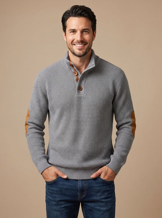 Cozy Waffle Knit Sweater for Men with Stand Collar Long Sleeve Button Placket Elbow Patch Style