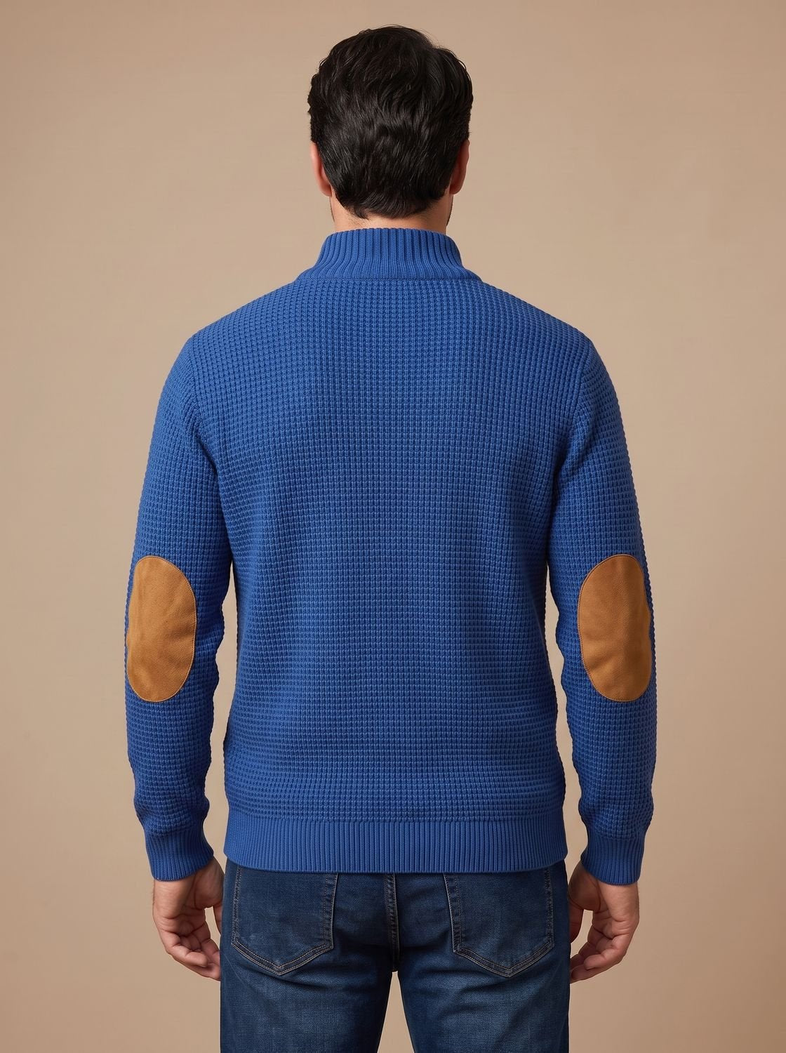 Cozy Waffle Knit Sweater for Men with Stand Collar Long Sleeve Button Placket Elbow Patch Style