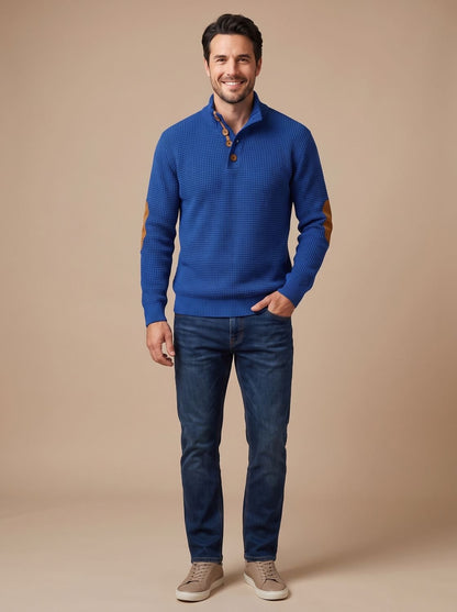 Cozy Waffle Knit Sweater for Men with Stand Collar Long Sleeve Button Placket Elbow Patch Style