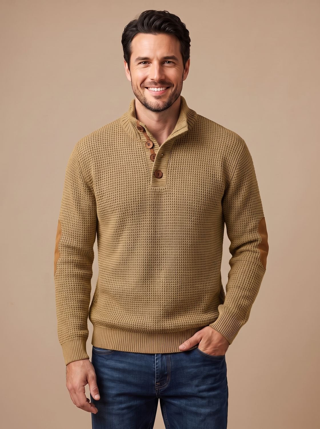 Cozy Waffle Knit Sweater for Men with Stand Collar Long Sleeve Button Placket Elbow Patch Style