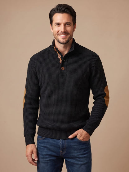 Cozy Waffle Knit Sweater for Men with Stand Collar Long Sleeve Button Placket Elbow Patch Style
