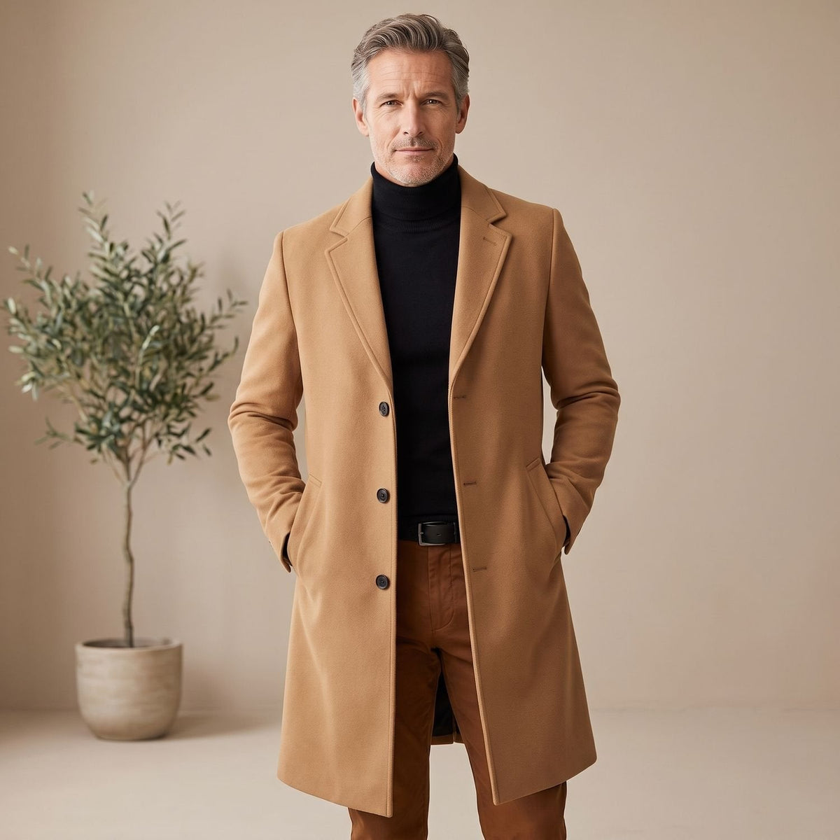 Classic Brown Wool Overcoat for Men with Notched Lapel Button Front Long Sleeve Longline Winter Style