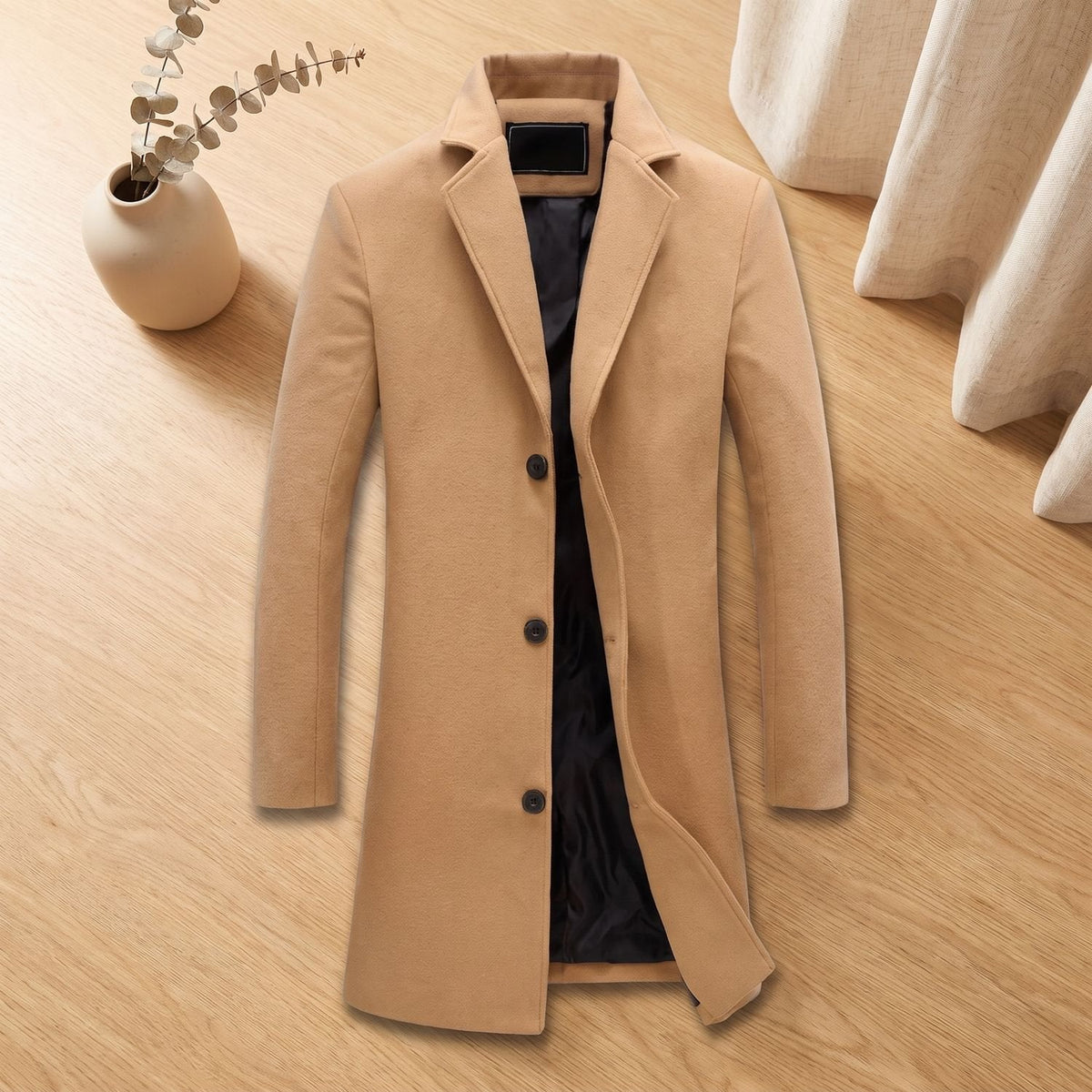 Classic Brown Wool Overcoat for Men with Notched Lapel Button Front Long Sleeve Longline Winter Style