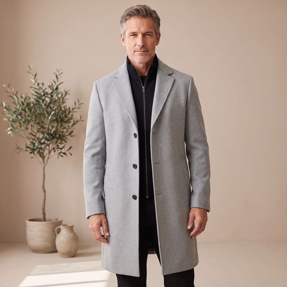 Classic Brown Wool Overcoat for Men with Notched Lapel Button Front Long Sleeve Longline Winter Style
