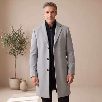 Classic Brown Wool Overcoat for Men with Notched Lapel Button Front Long Sleeve Longline Winter Style