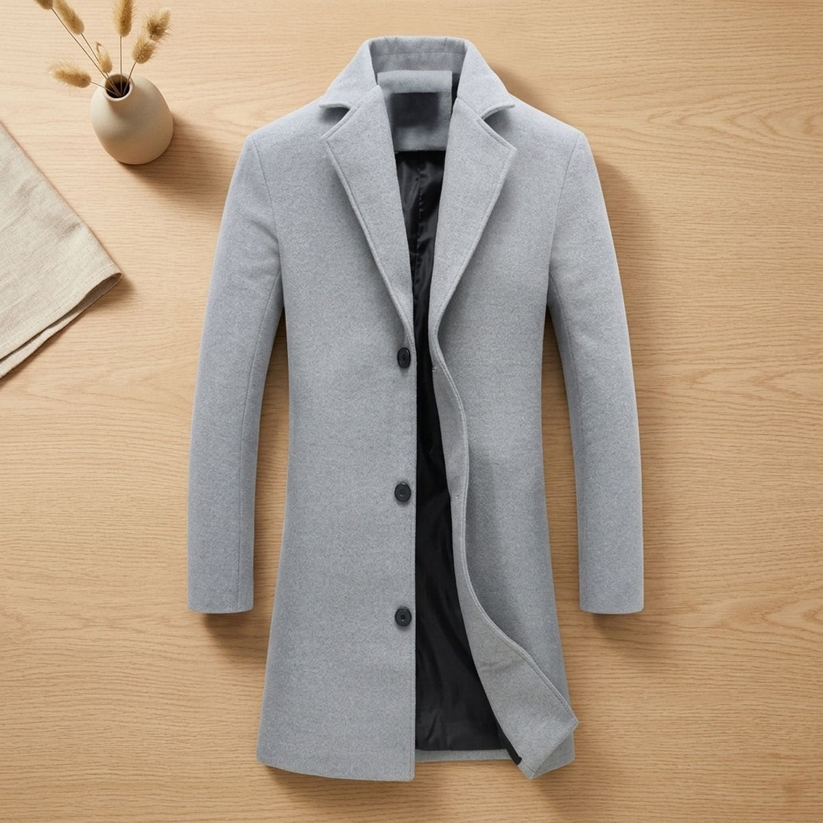 Classic Brown Wool Overcoat for Men with Notched Lapel Button Front Long Sleeve Longline Winter Style