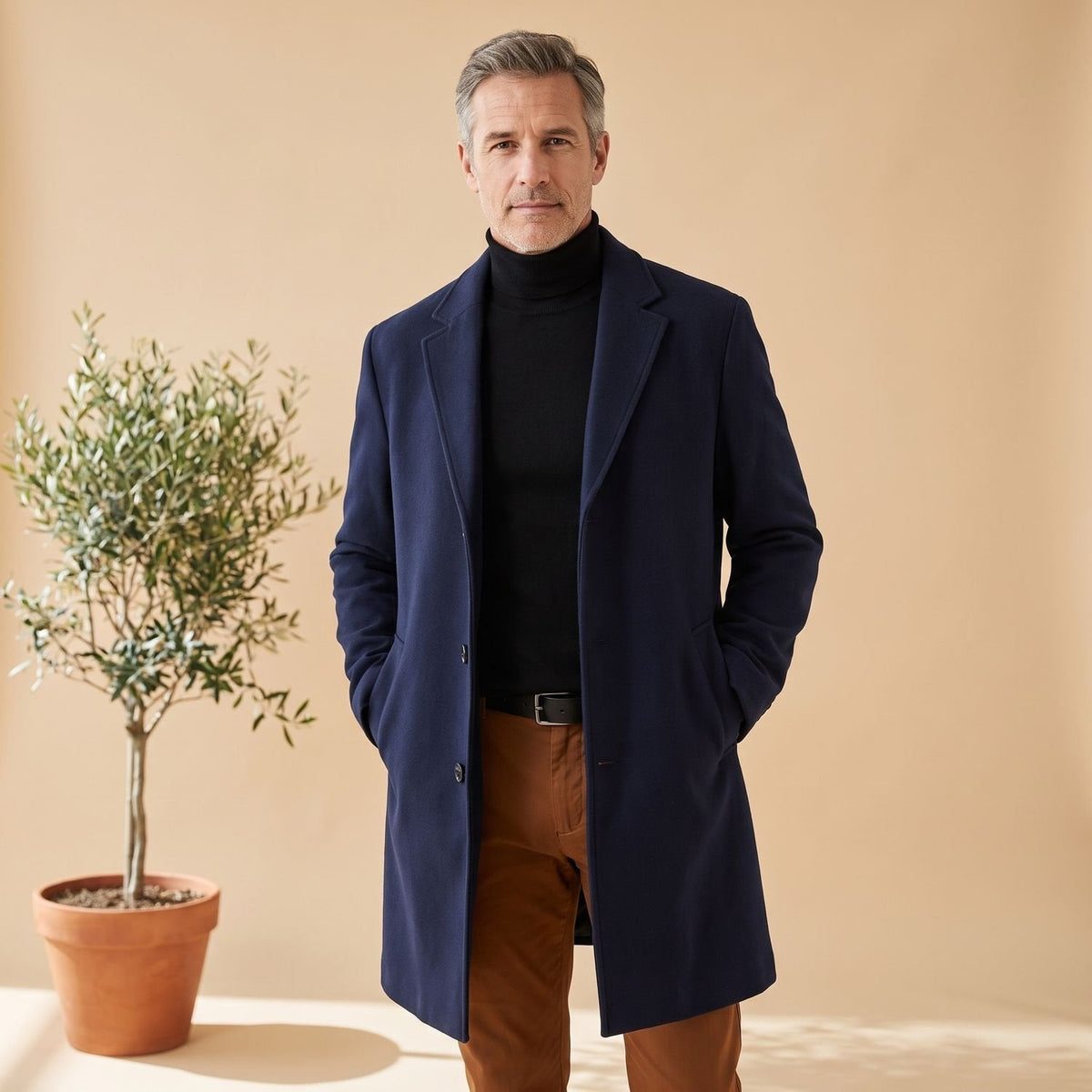 Classic Brown Wool Overcoat for Men with Notched Lapel Button Front Long Sleeve Longline Winter Style