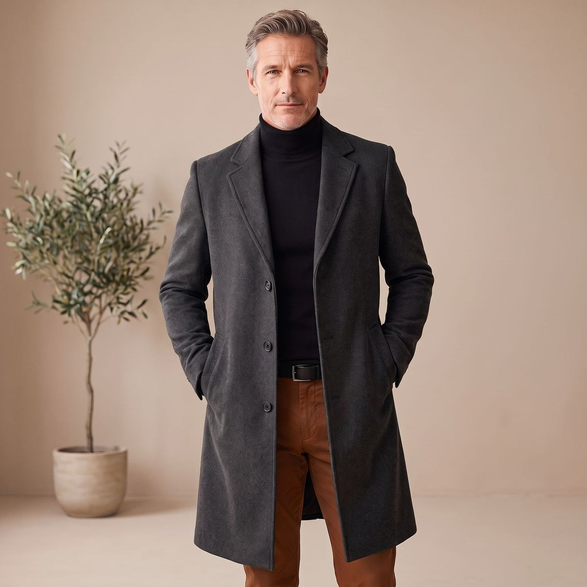 Classic Brown Wool Overcoat for Men with Notched Lapel Button Front Long Sleeve Longline Winter Style