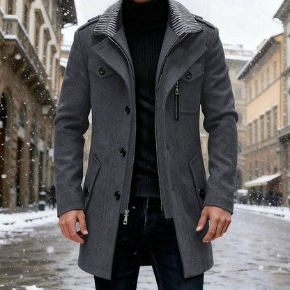 Cozy Wool Coat for Men with Stand Collar Long Sleeve Zip Button Tailored Overcoat Winter Style