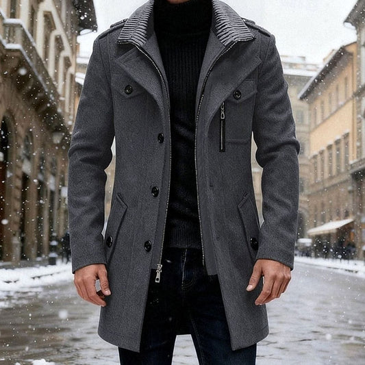 Cozy Wool Coat for Men with Stand Collar Long Sleeve Zip Button Tailored Overcoat Winter Style