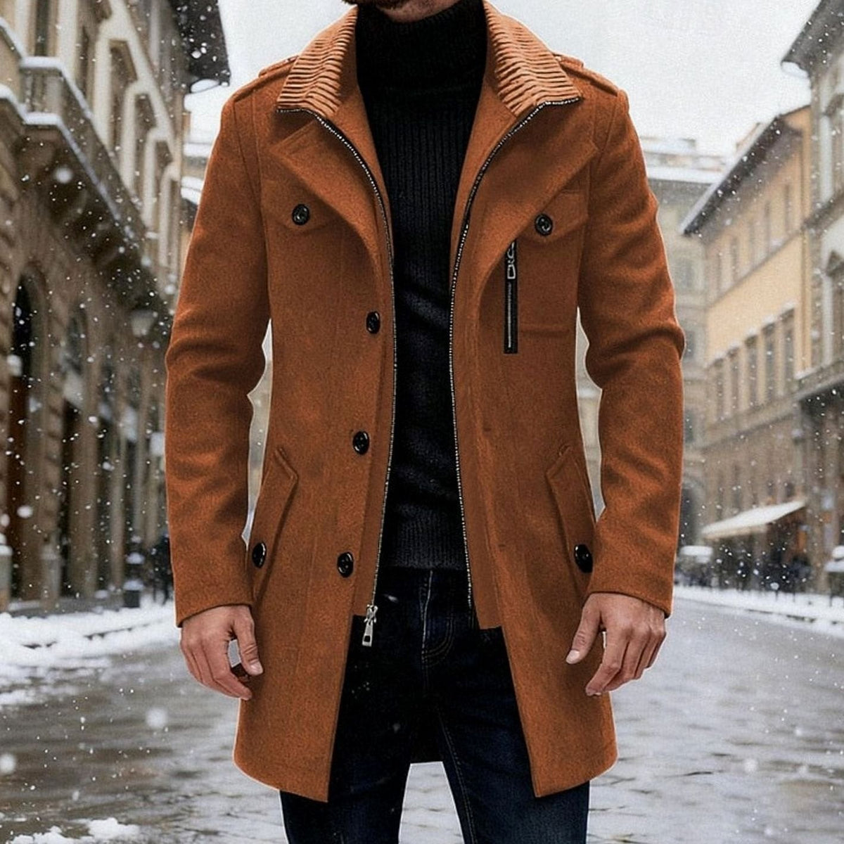 Cozy Wool Coat for Men with Stand Collar Long Sleeve Zip Button Tailored Overcoat Winter Style